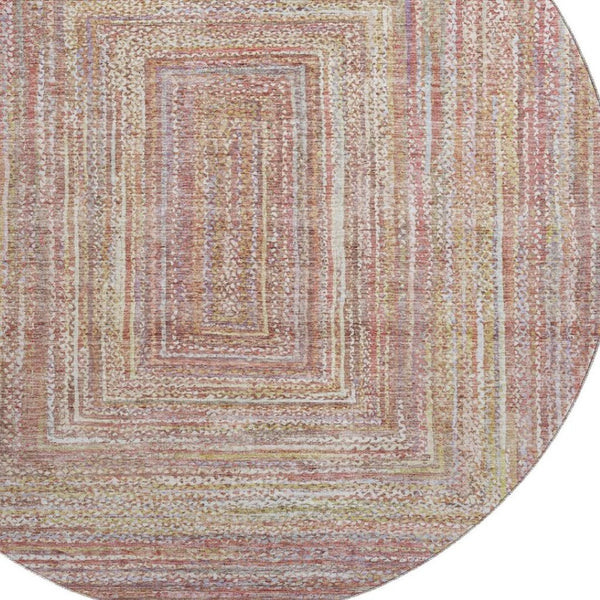 HomeRoots 8' Washable Round Rug in Rust & Mauve Geometric Design with UV Protection for Modern Homes 699283