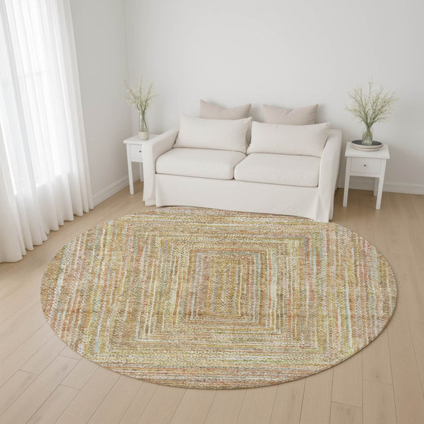 HomeRoots 8' Tan and Beige Geometric Washable Round Rug - Durable, UV-Protected, Pet-Friendly Style for Any Room 699289