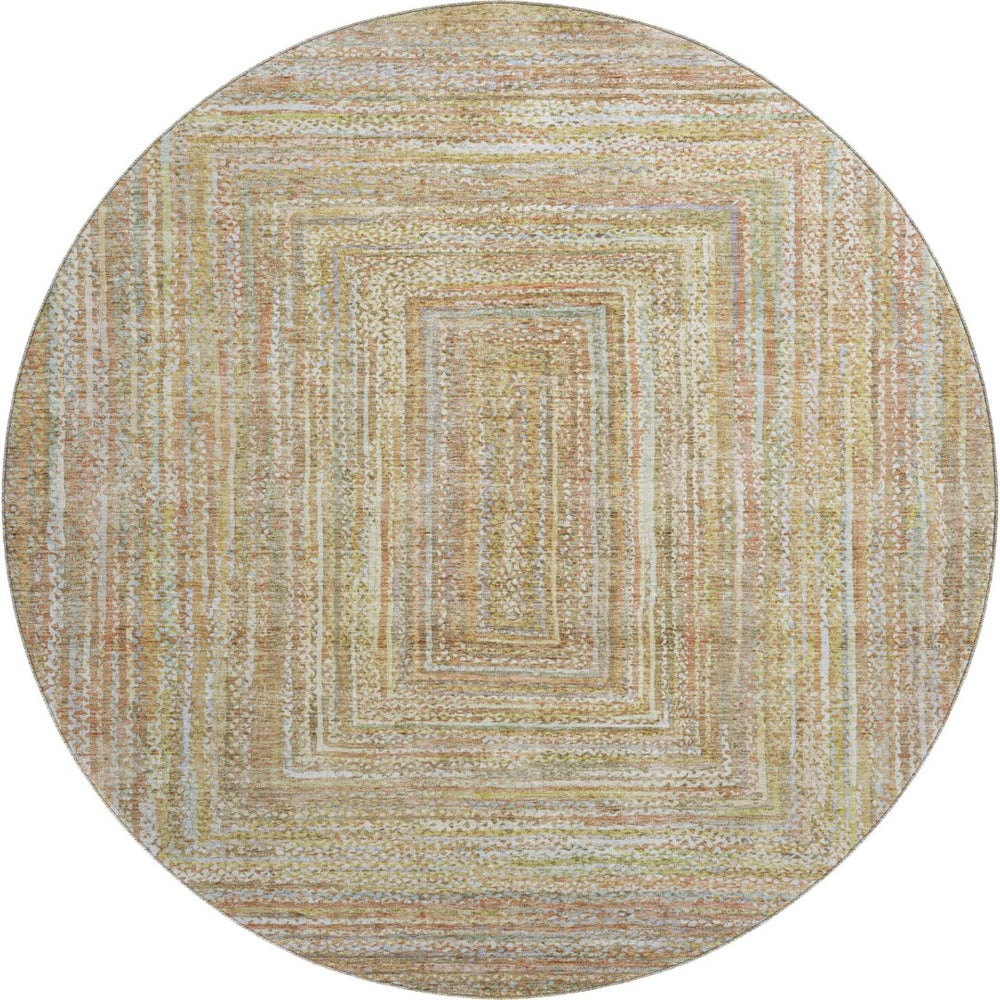 HomeRoots 8' Tan and Beige Geometric Washable Round Rug - Durable, UV-Protected, Pet-Friendly Style for Any Room 699289