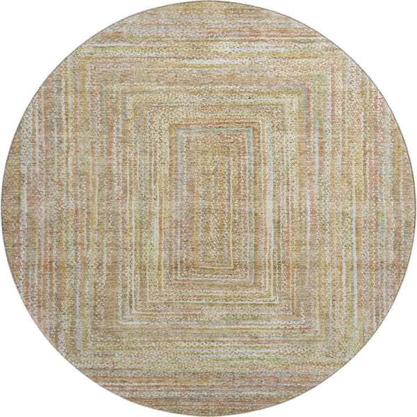 HomeRoots 8' Tan and Beige Geometric Washable Round Rug - Durable, UV-Protected, Pet-Friendly Style for Any Room 699289