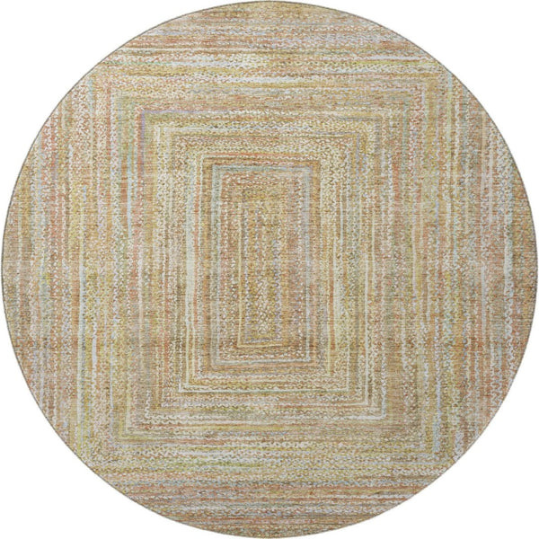 HomeRoots 8' Tan and Beige Geometric Washable Round Rug - Durable, UV-Protected, Pet-Friendly Style for Any Room 699289