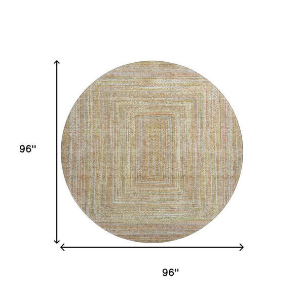 HomeRoots 8' Tan and Beige Geometric Washable Round Rug - Durable, UV-Protected, Pet-Friendly Style for Any Room 699289