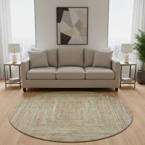 HomeRoots 8' Tan and Beige Geometric Washable Round Rug - Durable, UV-Protected, Pet-Friendly Style for Any Room 699289