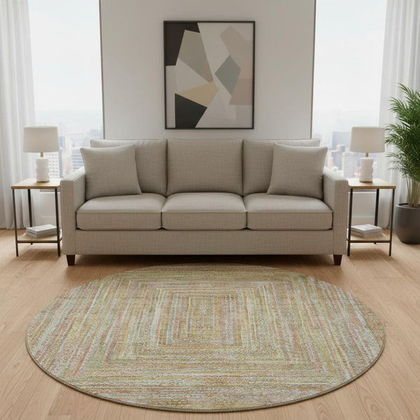 HomeRoots 8' Tan and Beige Geometric Washable Round Rug - Durable, UV-Protected, Pet-Friendly Style for Any Room 699289