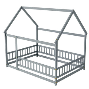 English Elm Full Size House Bed Frame With Roof, Safety Guardrails, Grey Finish - Perfect For Kids' Room Fun! W504P286407