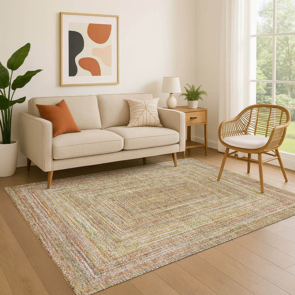 HomeRoots 8' X 10' Tan and Beige Geometric Area Rug - Durable, Washable, UV-Protected for Modern Spaces 699290
