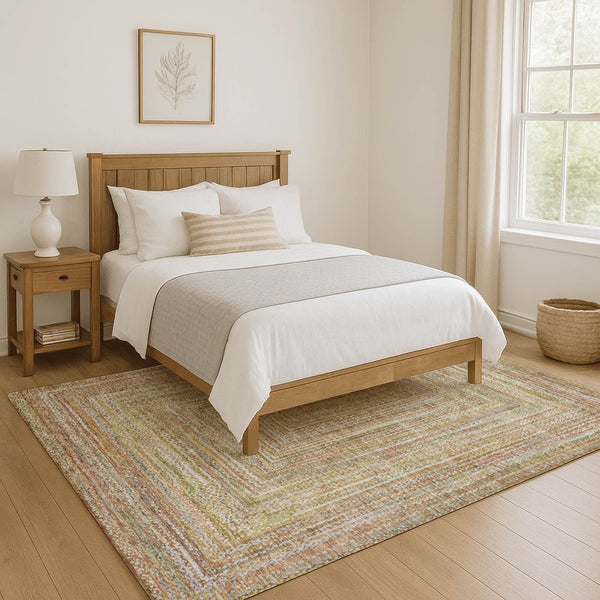 HomeRoots 8' X 10' Tan and Beige Geometric Area Rug - Durable, Washable, UV-Protected for Modern Spaces 699290