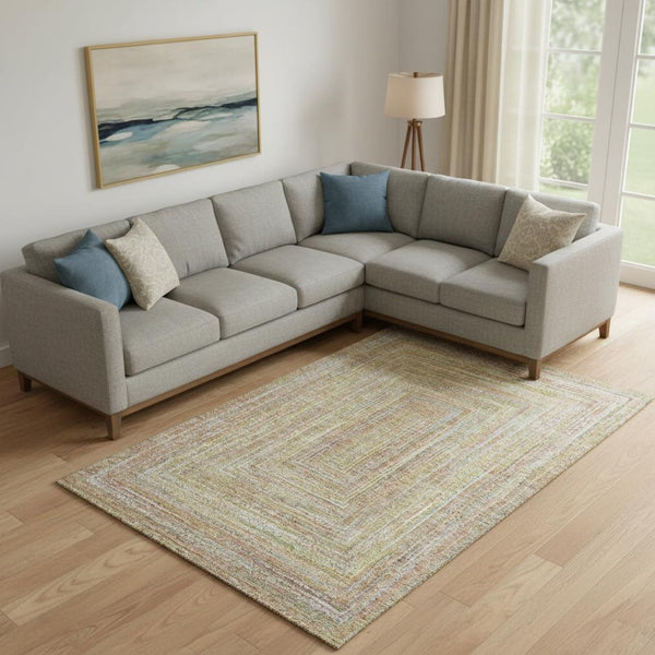 HomeRoots 10' Tan and Beige Geometric Area Rug - Washable, UV-Protected, Stain Resistant for Modern Homes 699292