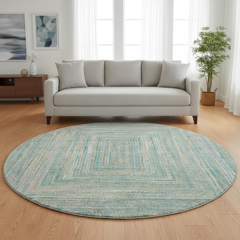 HomeRoots 8' Teal And Ivory Geometric Washable Round Rug - Stain Resistant, UV Protected, Stylish Comfort 699295