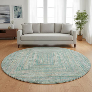 HomeRoots 8' Teal And Ivory Geometric Washable Round Rug - Stain Resistant, UV Protected, Stylish Comfort 699295