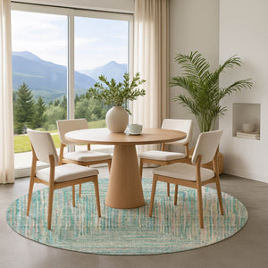 HomeRoots 8' Teal And Ivory Geometric Washable Round Rug - Stain Resistant, UV Protected, Stylish Comfort 699295
