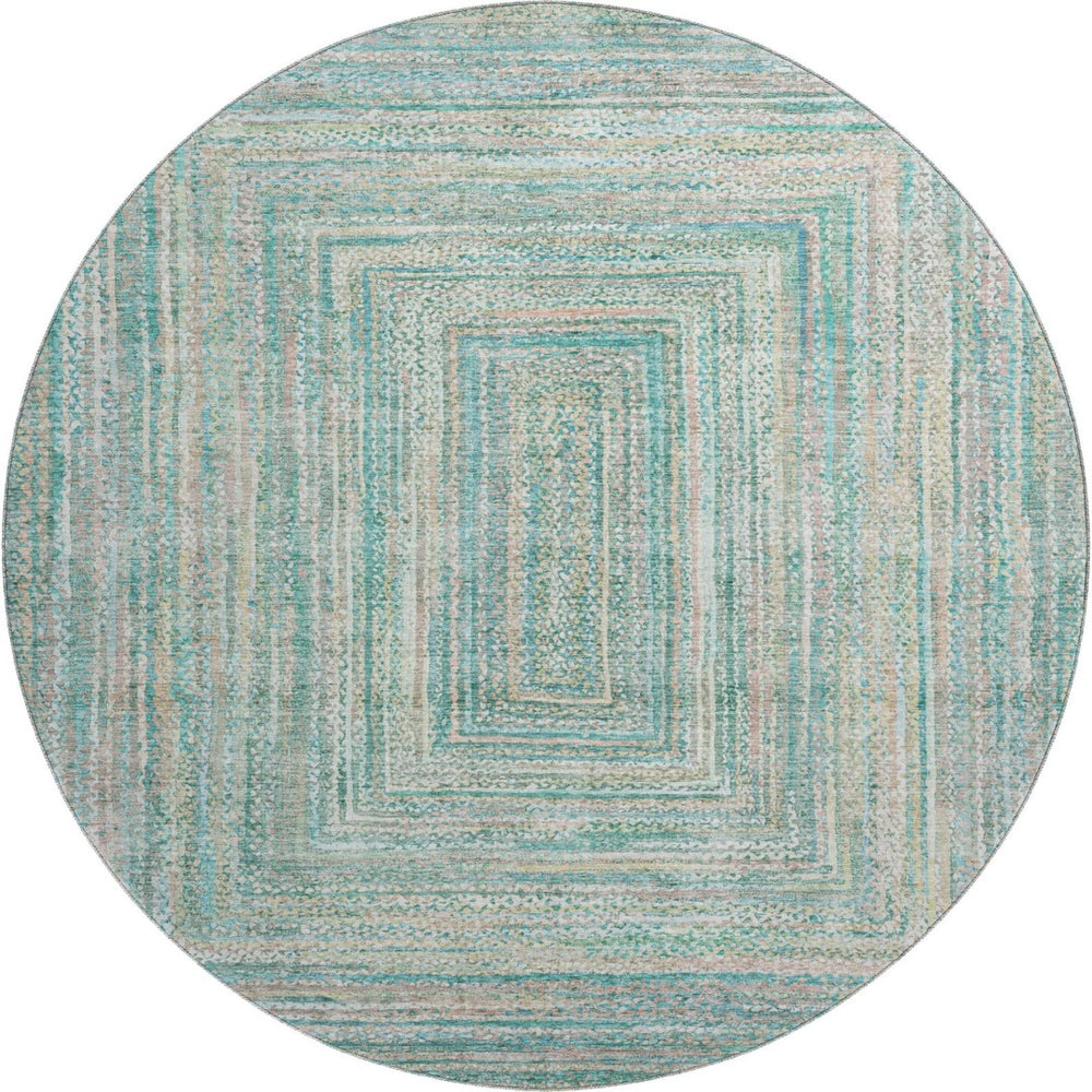 HomeRoots 8' Teal And Ivory Geometric Washable Round Rug - Stain Resistant, UV Protected, Stylish Comfort 699295