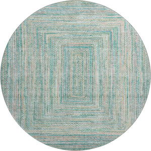 HomeRoots 8' Teal And Ivory Geometric Washable Round Rug - Stain Resistant, UV Protected, Stylish Comfort 699295