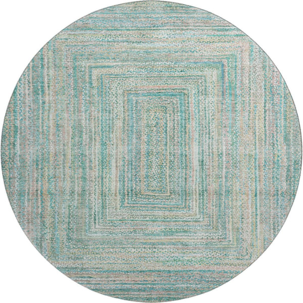 HomeRoots 8' Teal And Ivory Geometric Washable Round Rug - Stain Resistant, UV Protected, Stylish Comfort 699295