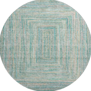 HomeRoots 8' Teal And Ivory Geometric Washable Round Rug - Stain Resistant, UV Protected, Stylish Comfort 699295