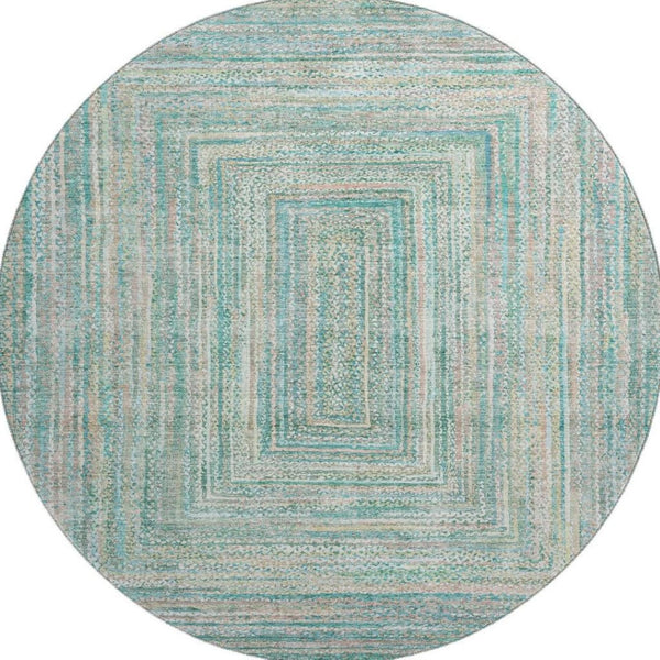 HomeRoots 8' Teal And Ivory Geometric Washable Round Rug - Stain Resistant, UV Protected, Stylish Comfort 699295