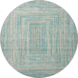 HomeRoots 8' Teal And Ivory Geometric Washable Round Rug - Stain Resistant, UV Protected, Stylish Comfort 699295