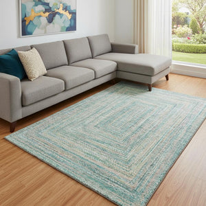HomeRoots 8' X 10' Stylish Teal & Ivory Geometric Area Rug - Washable, UV Protected, Durable for Active Homes 699296