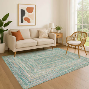 HomeRoots 8' X 10' Stylish Teal & Ivory Geometric Area Rug - Washable, UV Protected, Durable for Active Homes 699296