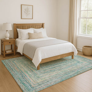 HomeRoots 8' X 10' Stylish Teal & Ivory Geometric Area Rug - Washable, UV Protected, Durable for Active Homes 699296
