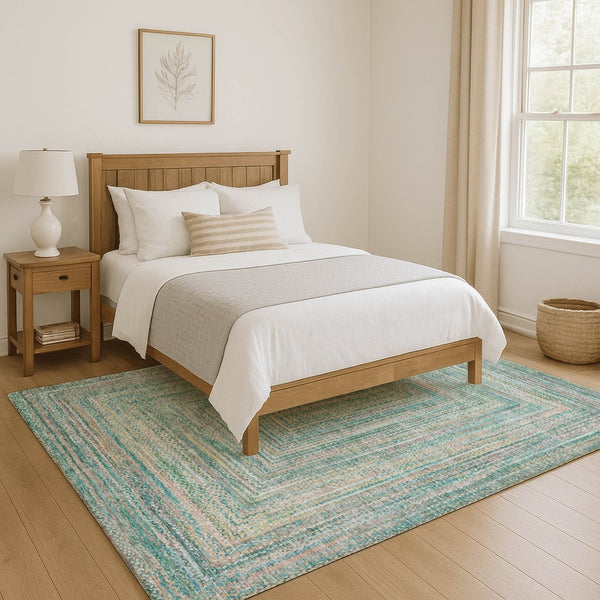 HomeRoots 8' X 10' Stylish Teal & Ivory Geometric Area Rug - Washable, UV Protected, Durable for Active Homes 699296