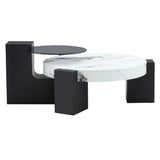 English Elm Modern Simple Double-Layer Round Coffee Table - Transparent Gray Glass Top With Black Mdf L-Shaped Legs.The Detachable Design Can Make The Use Of Space More Flexible.