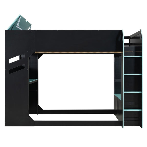 English Elm Full Size Loft Bed with Rgb Lighting Desk Drawers Hanging Rod Teen Bedroom Blue LT000288AAC-1