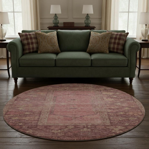 HomeRoots 8' Blush & Beige Oriental Round Rug - Washable, Stain Resistant, UV Protected for Stylish Living Spaces 699301