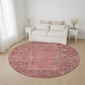 HomeRoots 8' Blush & Beige Oriental Round Rug - Washable, Stain Resistant, UV Protected for Stylish Living Spaces 699301