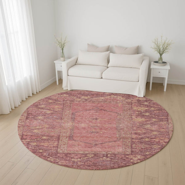 HomeRoots 8' Blush & Beige Oriental Round Rug - Washable, Stain Resistant, UV Protected for Stylish Living Spaces 699301