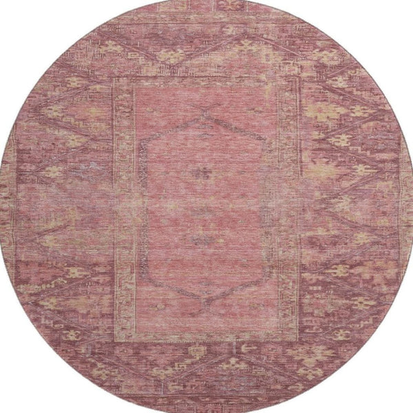 HomeRoots 8' Blush & Beige Oriental Round Rug - Washable, Stain Resistant, UV Protected for Stylish Living Spaces 699301
