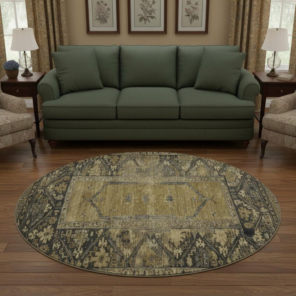 HomeRoots 8' Brown and Charcoal Oriental Washable Round Rug - Durable, UV-Protected, Easy-Care for High Traffic 699307