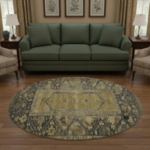 HomeRoots 8' Brown and Charcoal Oriental Washable Round Rug - Durable, UV-Protected, Easy-Care for High Traffic 699307