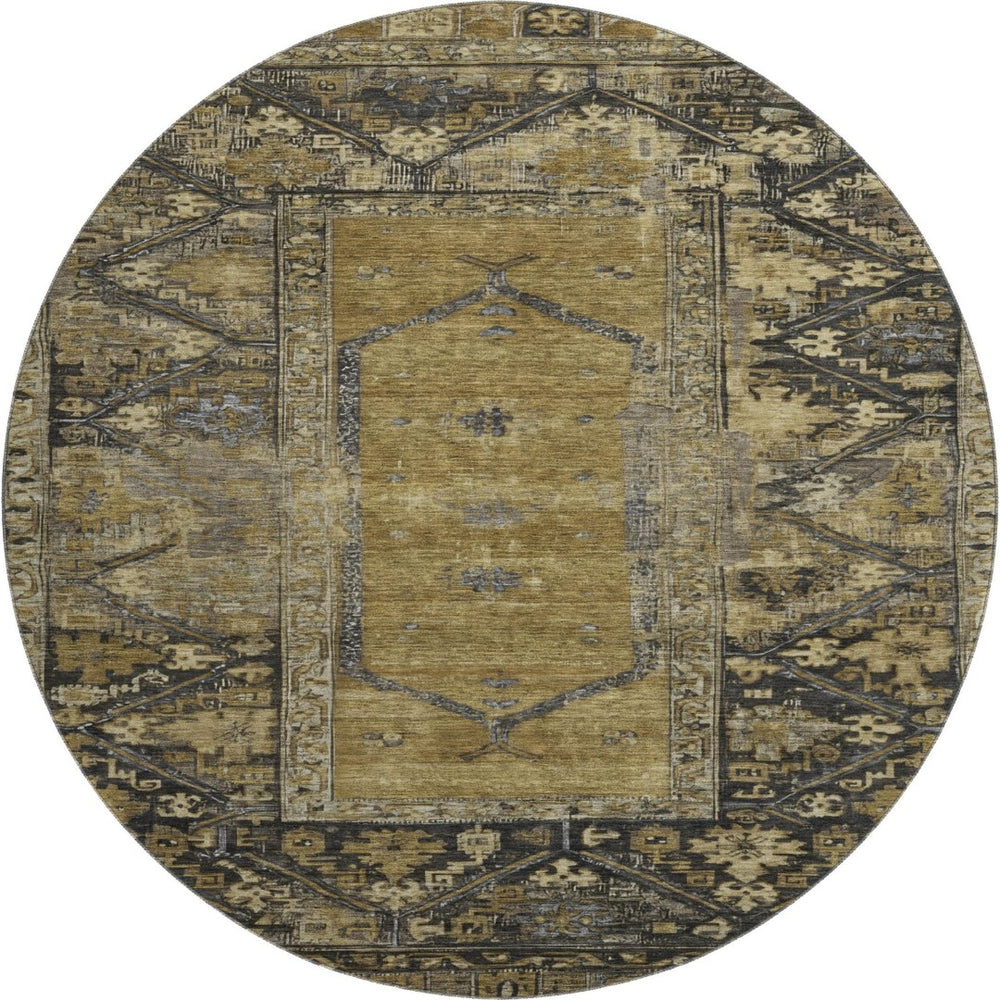 HomeRoots 8' Brown and Charcoal Oriental Washable Round Rug - Durable, UV-Protected, Easy-Care for High Traffic 699307