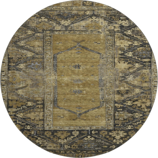 HomeRoots 8' Brown and Charcoal Oriental Washable Round Rug - Durable, UV-Protected, Easy-Care for High Traffic 699307