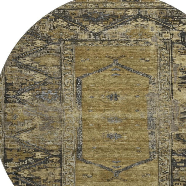 HomeRoots 8' Brown and Charcoal Oriental Washable Round Rug - Durable, UV-Protected, Easy-Care for High Traffic 699307