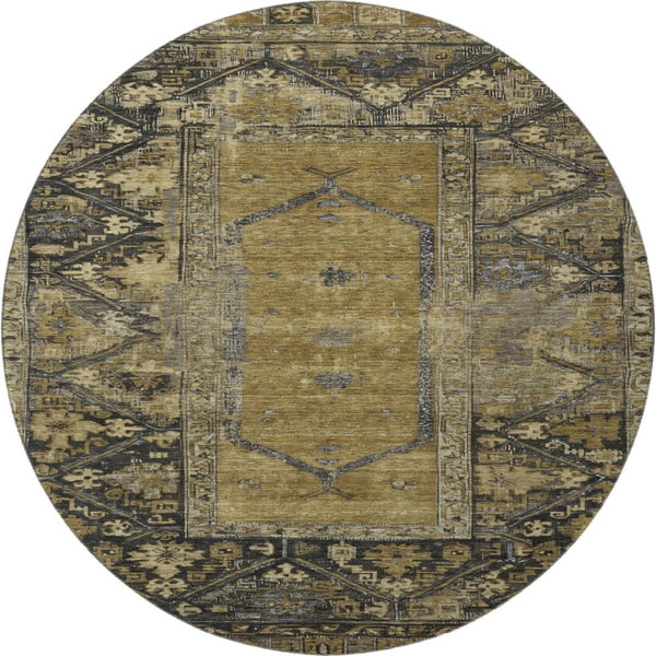 HomeRoots 8' Brown and Charcoal Oriental Washable Round Rug - Durable, UV-Protected, Easy-Care for High Traffic 699307