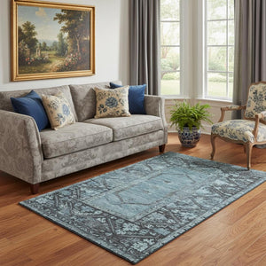 HomeRoots 5' X 8' Blue & Charcoal Washable Oriental Area Rug - UV Protected, Stain Resistant, Durable Design 699312
