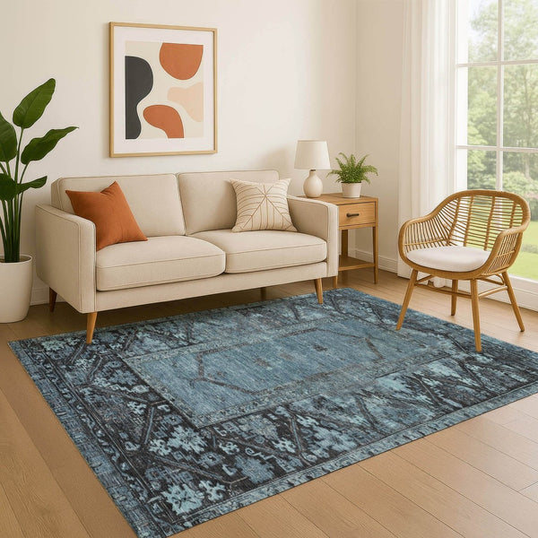 HomeRoots 5' X 8' Blue & Charcoal Washable Oriental Area Rug - UV Protected, Stain Resistant, Durable Design 699312