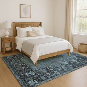 HomeRoots 5' X 8' Blue & Charcoal Washable Oriental Area Rug - UV Protected, Stain Resistant, Durable Design 699312