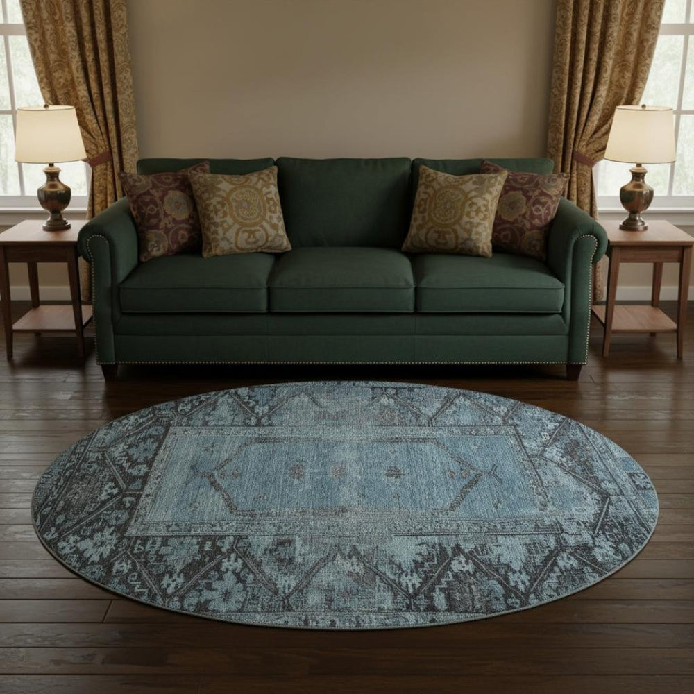 HomeRoots 8' Blue and Charcoal Oriental Round Rug - Stylish, Stain-Resistant, UV Protected, Durable Design 699313
