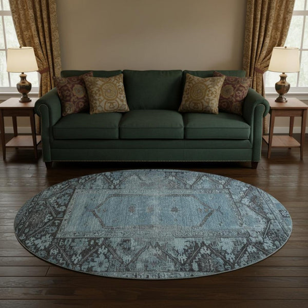 HomeRoots 8' Blue and Charcoal Oriental Round Rug - Stylish, Stain-Resistant, UV Protected, Durable Design 699313