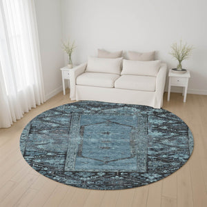 HomeRoots 8' Blue and Charcoal Oriental Round Rug - Stylish, Stain-Resistant, UV Protected, Durable Design 699313