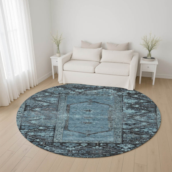 HomeRoots 8' Blue and Charcoal Oriental Round Rug - Stylish, Stain-Resistant, UV Protected, Durable Design 699313