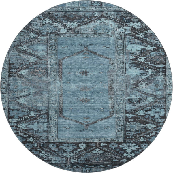 HomeRoots 8' Blue and Charcoal Oriental Round Rug - Stylish, Stain-Resistant, UV Protected, Durable Design 699313