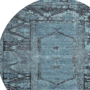 HomeRoots 8' Blue and Charcoal Oriental Round Rug - Stylish, Stain-Resistant, UV Protected, Durable Design 699313