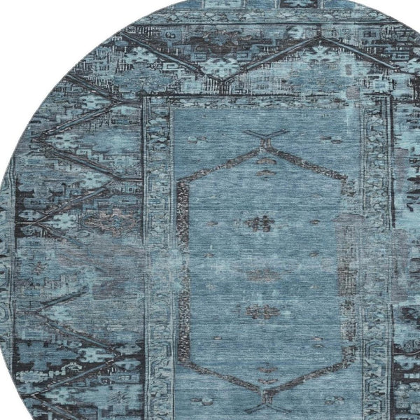 HomeRoots 8' Blue and Charcoal Oriental Round Rug - Stylish, Stain-Resistant, UV Protected, Durable Design 699313