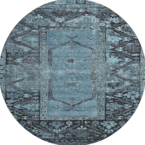 HomeRoots 8' Blue and Charcoal Oriental Round Rug - Stylish, Stain-Resistant, UV Protected, Durable Design 699313