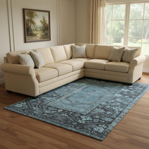 HomeRoots 8' X 10' Blue And Charcoal Oriental Area Rug – Washable, UV Protected, Durable Design for Busy Homes 699314