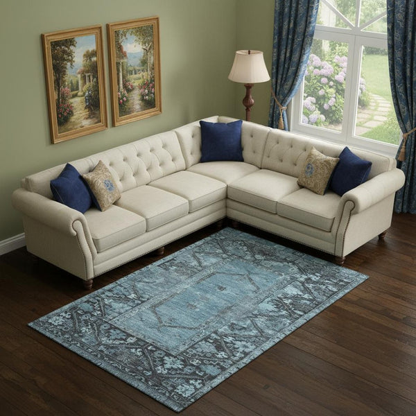 HomeRoots 9' X 12' Blue And Charcoal Oriental Area Rug - Stylish, Durable, Stain Resistant with UV Protection 699315